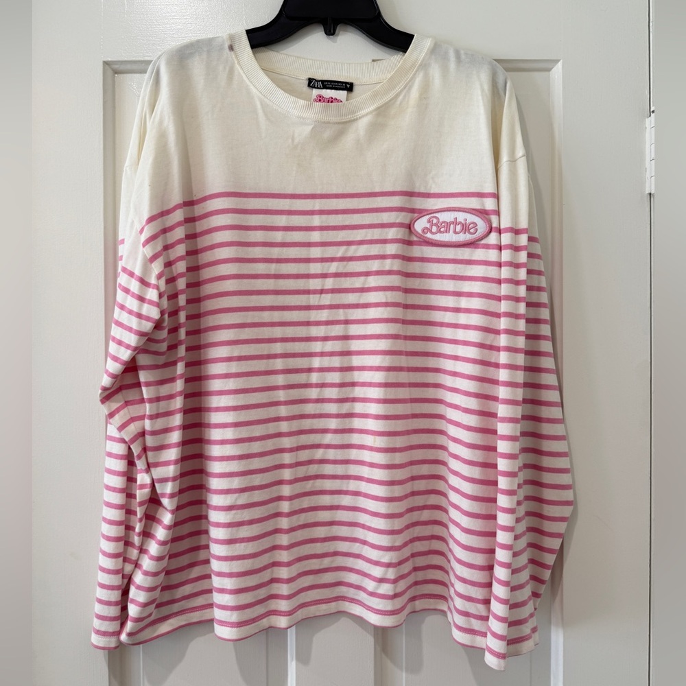Zara BARBIE women’s pink striped long sleeve top shirt